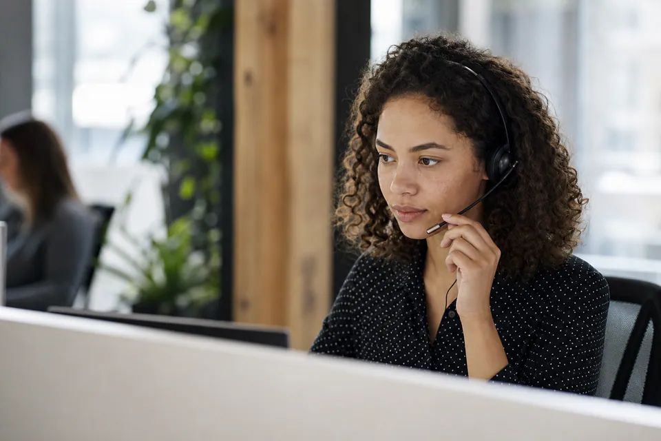 Klantenservicemedewerker helpt een bezoeker via een headset achter een beeldscherm